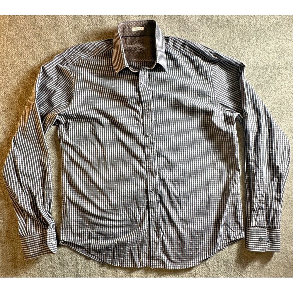 Bugatchi Shaped Fit Blue Cotton Dress Shirt Long Sleeve Check Trim Men's L? - Picture 1 of 6